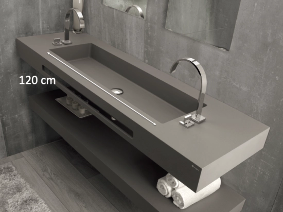 Plan vasque lavabo sur mesure : L 130 à 201 x P 40 à 51 cm, finition lisse mate, 10 couleurs au choix, Anti bactérien, résine Akrytan® teinté dans la masse, Livraison Offerte.